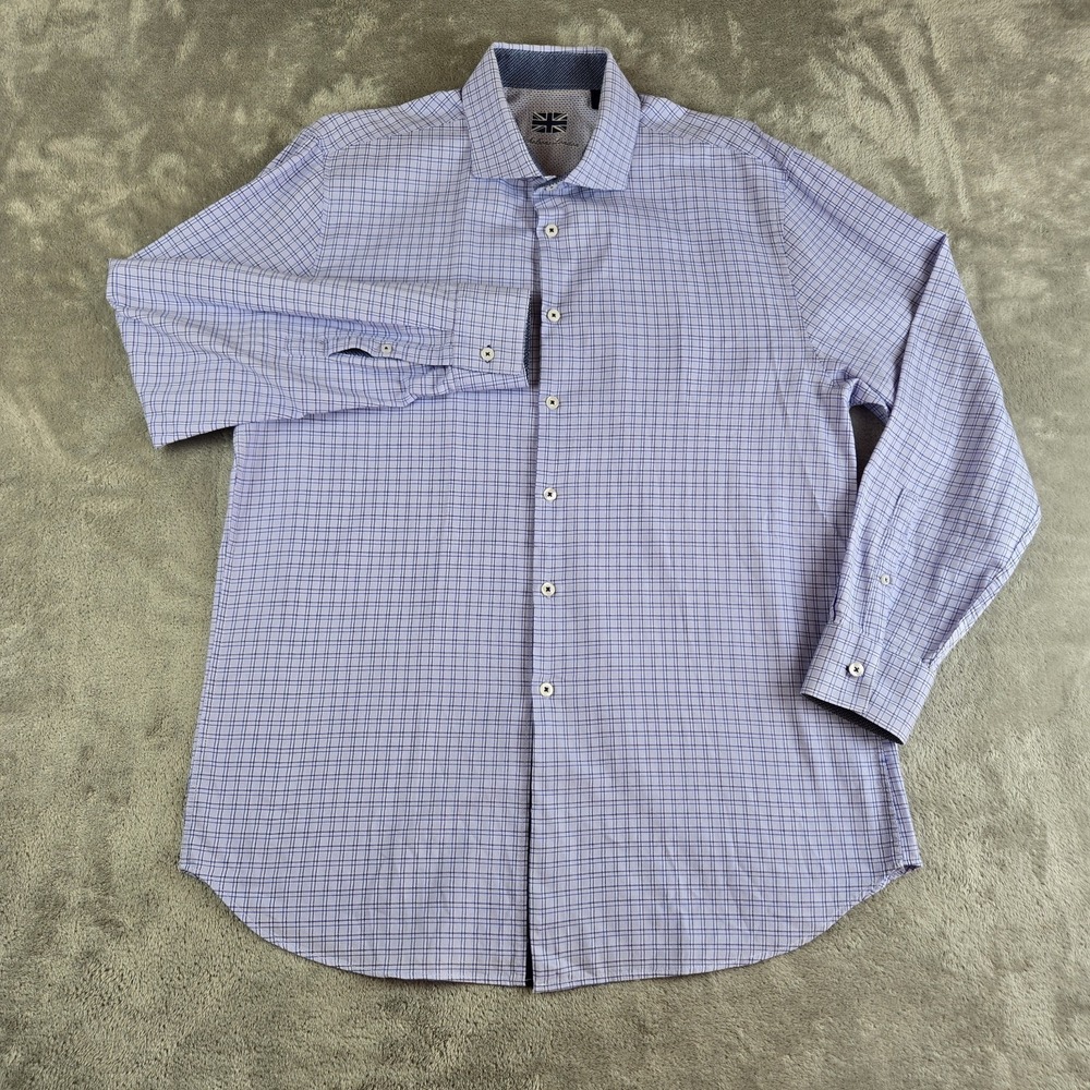 Michelsons London Short Mens Large Blue Checkered Long Sleeve Flip Cuff Career - Picture 2 of 11